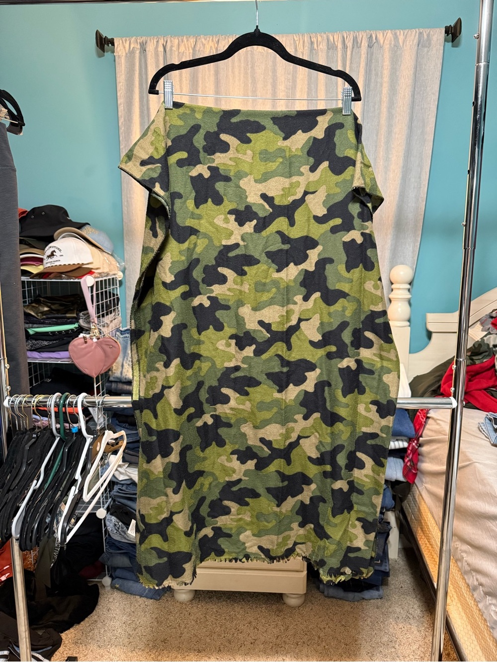 Camo Print Distressed Raw Edge Oversized Blanket Scarf Wrap 78” x 28”